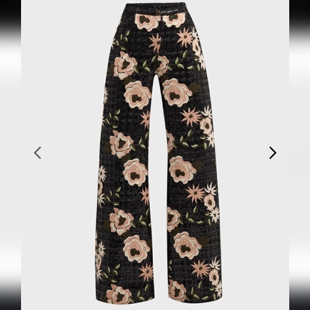 NWT Elie Saab Floral Embroidered Tweed Pants Sz 2 Luxury Designer Wide Leg